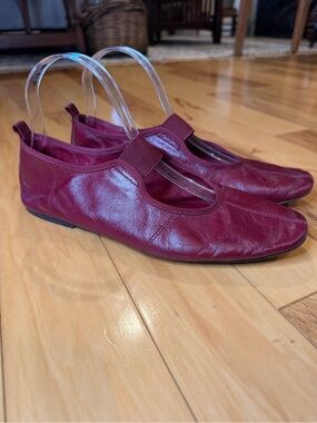 Zara Wine Red Leather Ballet Flats with Elastic Crossover Strap